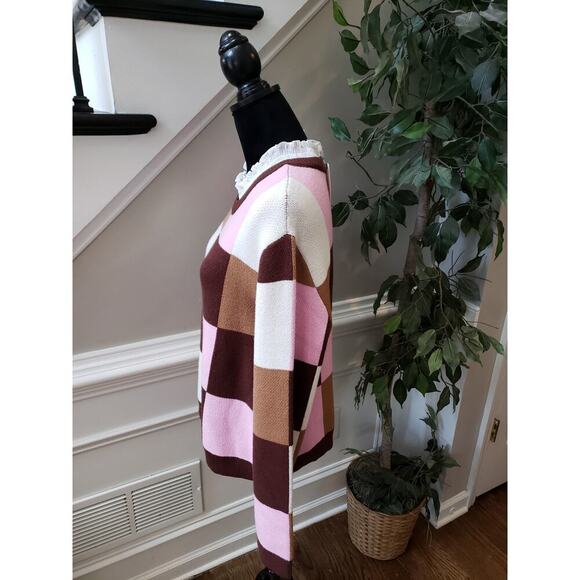 Women's Anthropologie Pink/Brown Checkered Pullover Sweater XL New - Picture 5 of 12